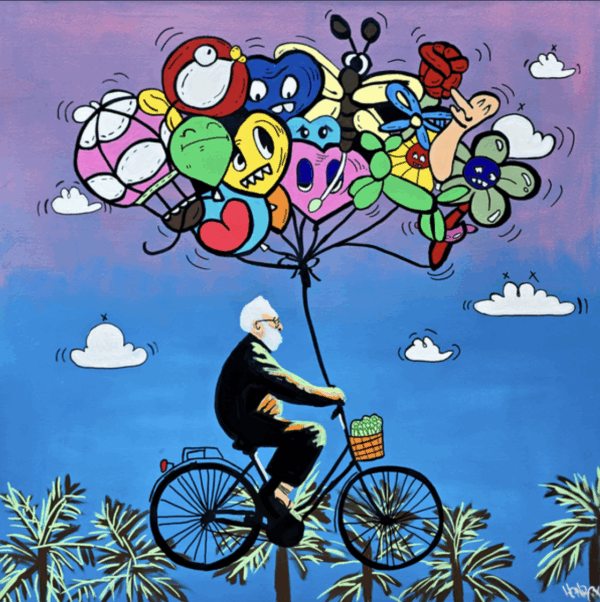 Close-up of colorful artwork titled "Pursuit of Happiness" by Henrix